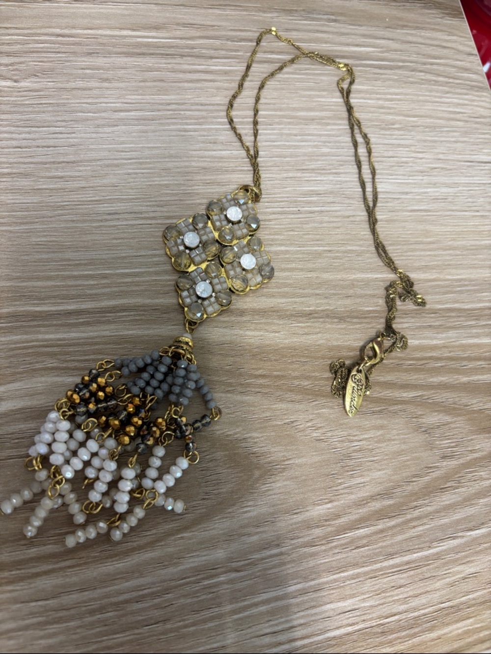 Plunder Gold-Tone Tassel Necklace with Gray, Cream & Gold Beads